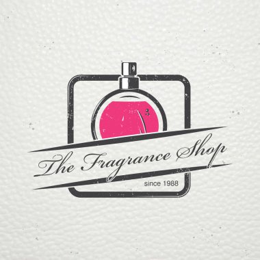 Parfüm Dükkanı. Aromatik yağlar ile özel butik. Ayrıntılı öğeler. Eski retro vintage grunge. Çizik, hasarlı, kirli etki. Tipografik etiketler, çıkartmalar, logolar ve rozetler.