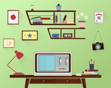Retro Oda çalışma alanı'nı Illustration. Düz minimalist tarzı.