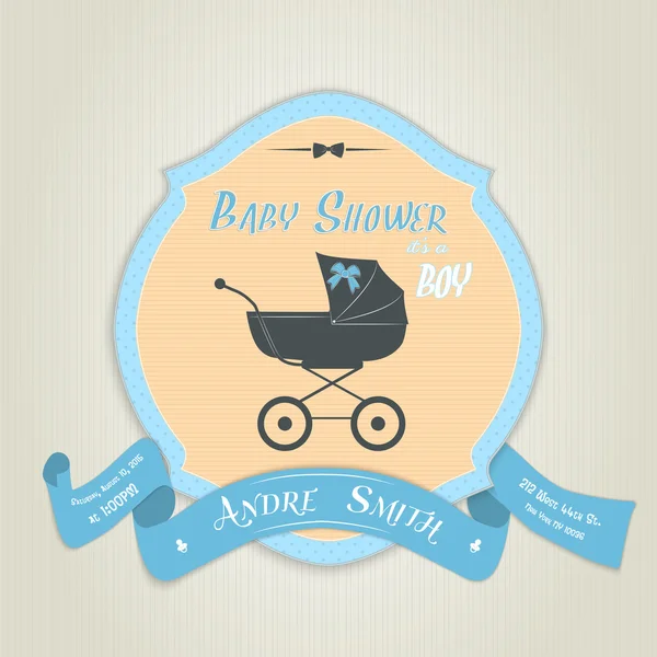 Baby shower invitation with flat baby carriage. — Stock Vector