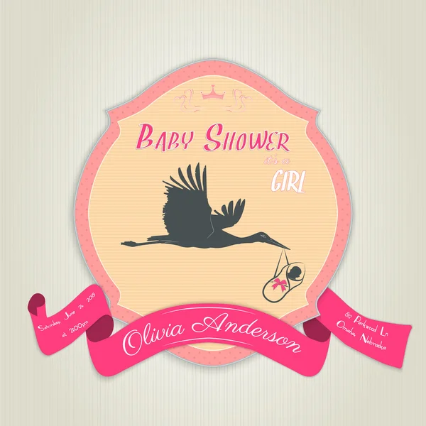 Baby shower inbjudan med platt storken flyger med baby girl. — Stock vektor
