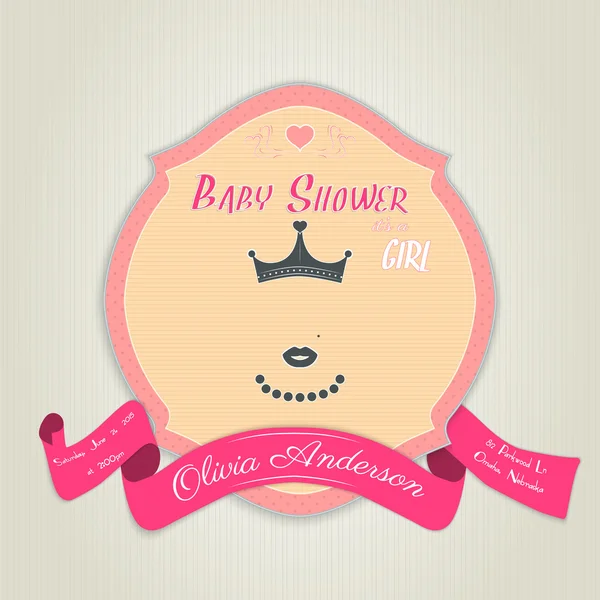 Convite de chá de bebê com princesa com uma coroa, lábios e contas — Vetor de Stock