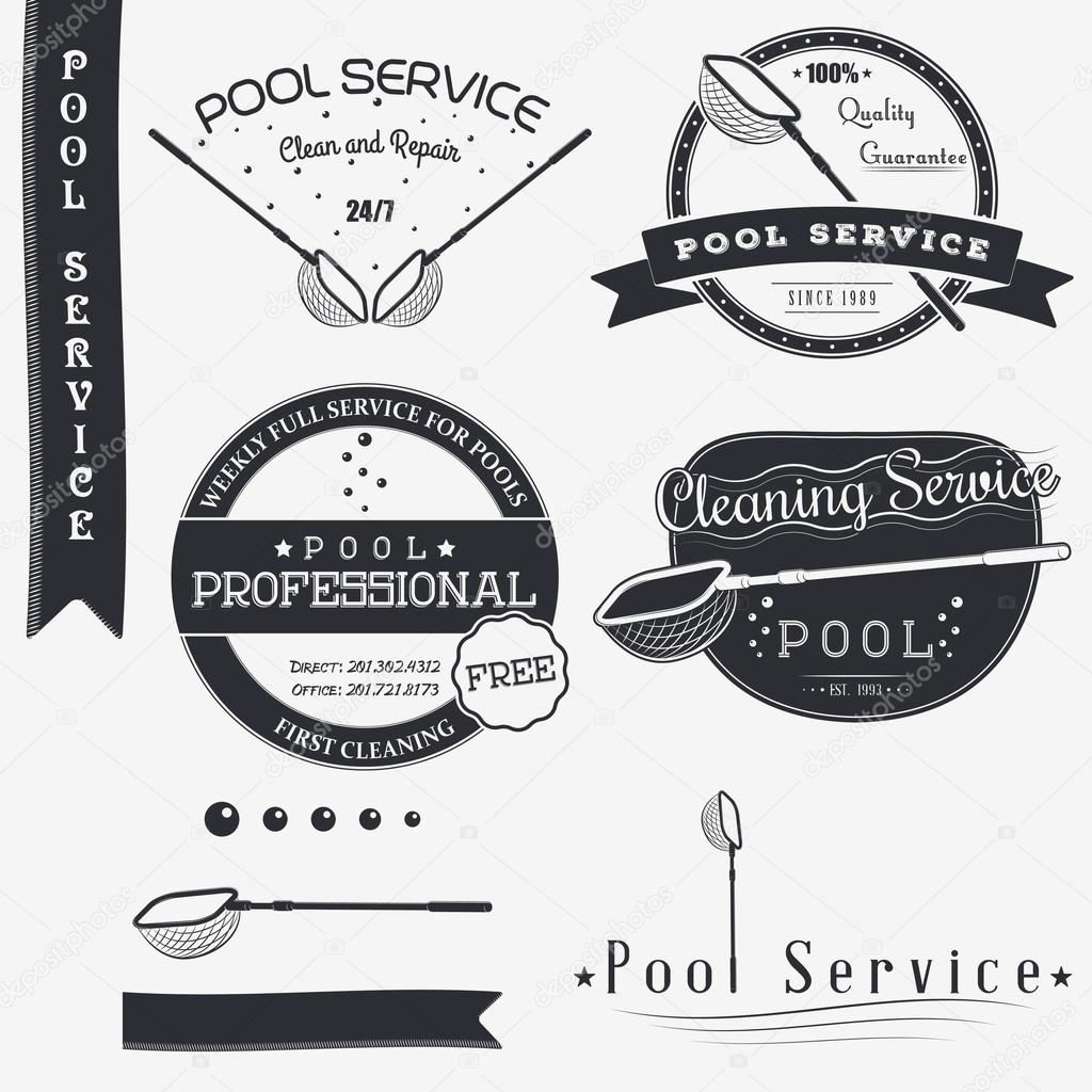 Pool Service. Clean and Repair. Set of Typographic Badges Design Elements, Designers Toolkit. Flat vector illustration