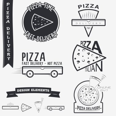 Pizza teslimatı. Yemek ve servis. Tipografik rozetleri tasarım öğeleri, tasarımcıları araç kümesi.