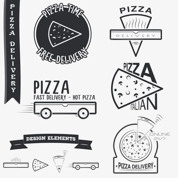 Pizzaleverans. Mat och service. Uppsättning typografiska emblem designelement, Designers verktygslåda. — Stock vektor