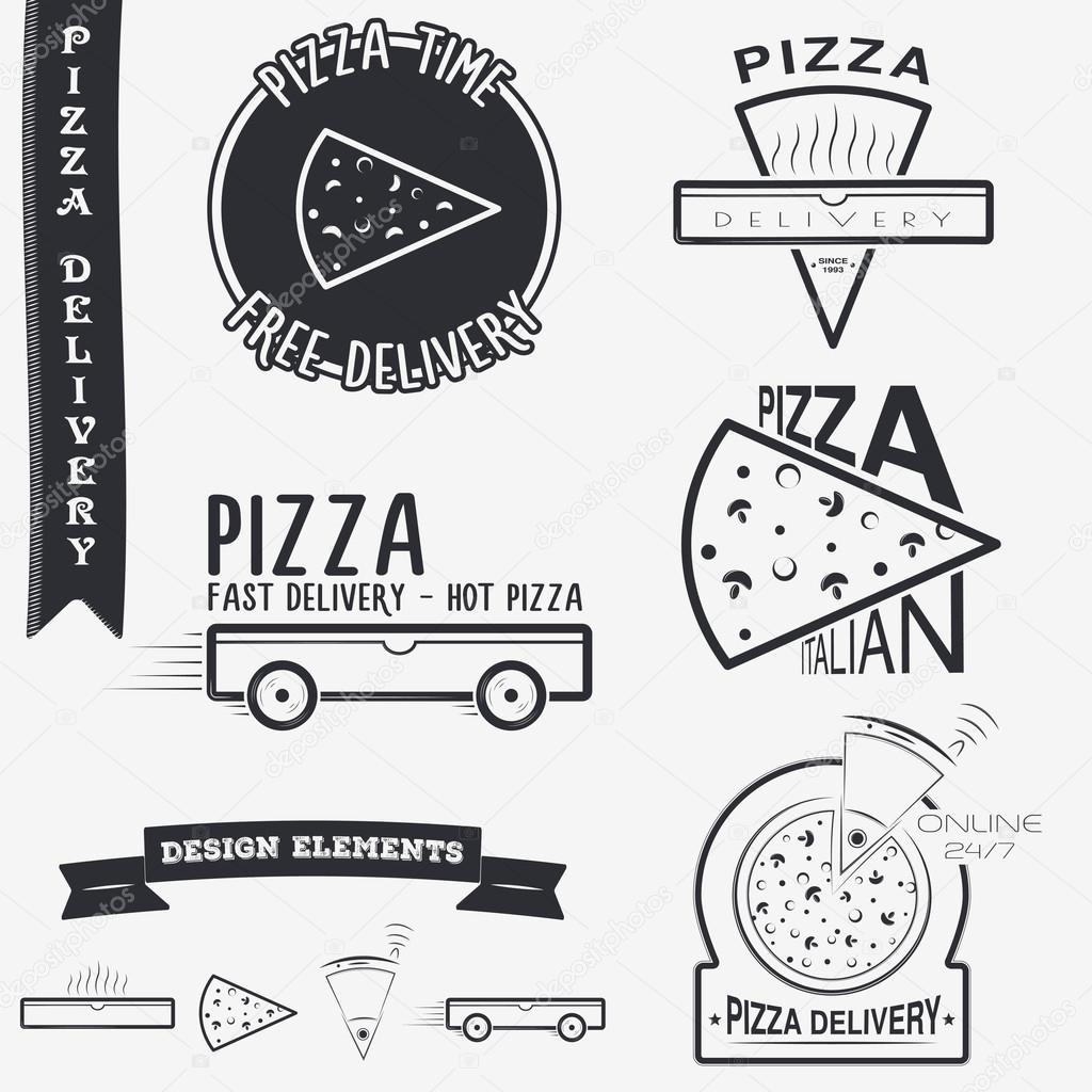 Pizza delivery. The food and service. Set of Typographic Badges Design Elements, Designers Toolkit. Flat vector illustration