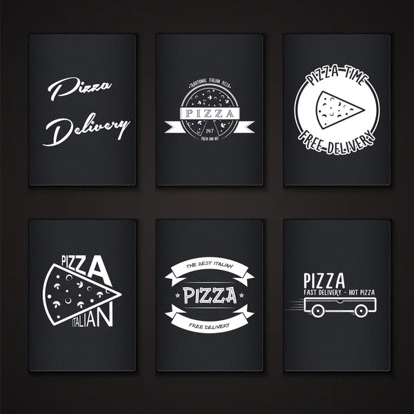 Pizzaleverans. Mat och service. Etiketter eller kort papper. Uppsättning typografiska emblem designelement, Designers verktygslåda. — Stock vektor