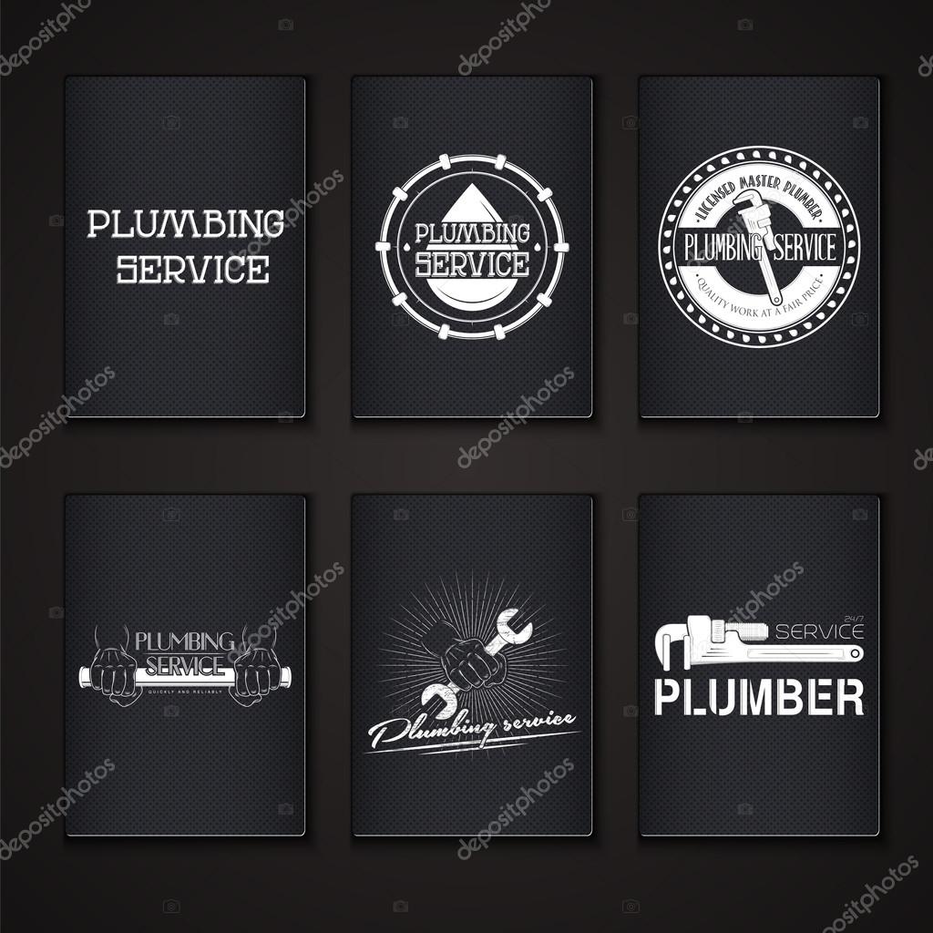 Plumbing service. Home repairs. Repair and maintenance of buildings. Grunge Effect. Set of Typographic Badges. Flat vector illustration