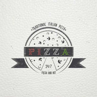 Pizza delivery. The food and service. Old school of vintage label. Old retro vintage grunge. Scratched, damaged, dirty effect. Typographic labels, stickers, logos and badges.