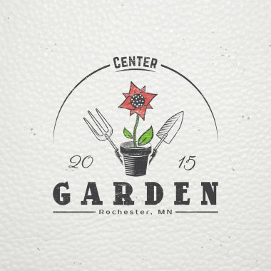 A farm growing flowers. Gardening Tools Shop. Garden Center set. Old retro vintage grunge. Scratched, damaged, dirty effect. Typographic labels, stickers, logos and badges.