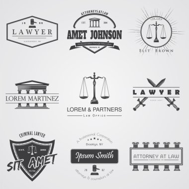 Lawyer services. Law office. The judge, the district attorney, the lawyer set of vintage labels. Scales of Justice. Court of law symbol.  Typographic labels, stickers, logos and badges.