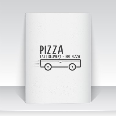 Pizza delivery. The food and service. Old school of vintage label. Sheet of white paper. Monochrome typographic labels, stickers, logos and badges.