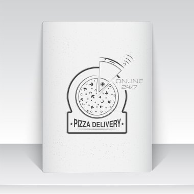 Pizza delivery. The food and service. Old school of vintage label. Sheet of white paper. Monochrome typographic labels, stickers, logos and badges.
