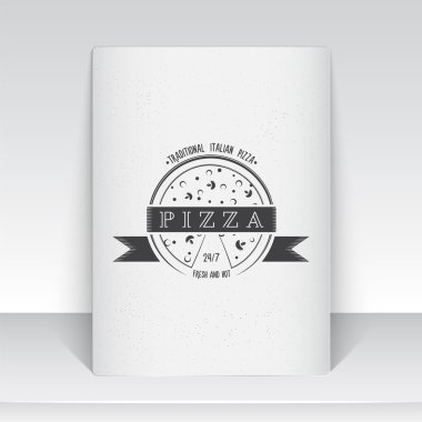 Pizza delivery. The food and service. Old school of vintage label. Sheet of white paper. Monochrome typographic labels, stickers, logos and badges.
