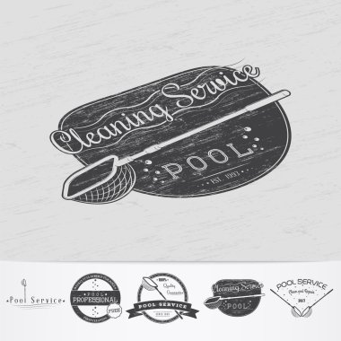 Pool Service. Maintenance and Cleaning. Repair and adjustment of the house. Old retro vintage grunge. Monochrome typographic labels, stickers, logos and badges.