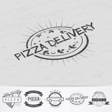Pizza delivery. The food and service. Old school of vintage label. Old retro vintage grunge. Scratched, damaged, dirty effect. Monochrome typographic labels, stickers, logos and badges.