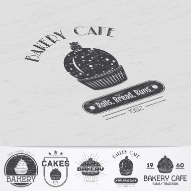 Sweet Cupcakes. Bakery baking. Cafes and eateries. The food and service. Old retro vintage grunge. Scratched, damaged, dirty effect. Monochrome typographic labels, stickers, logos and badges.