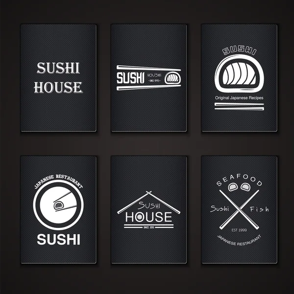 Sushi y rollos de un conjunto. Cocina japonesa. Etiquetas tipográficas, logotipos e insignias . — Archivo Imágenes Vectoriales