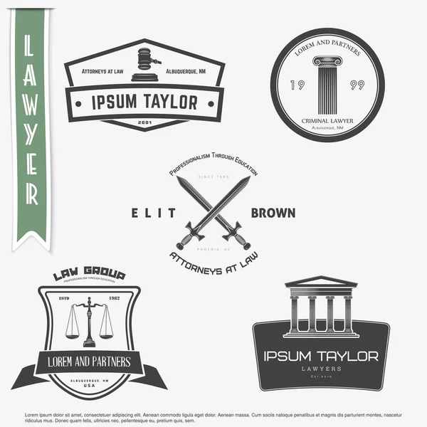 Lawyer services. Law office. The judge, the district attorney, the lawyer set of vintage labels. Scales of Justice. Court of law symbol.  Typographic labels, stickers, logos and badges. — Stok Vektör