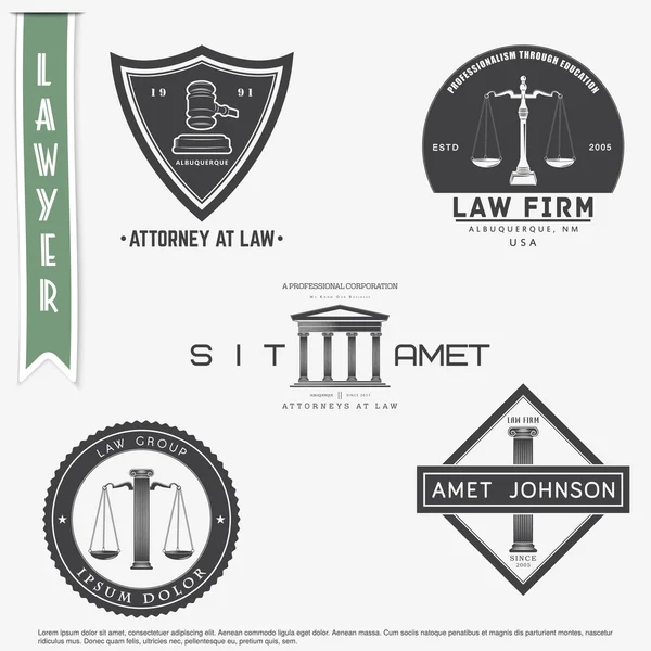 Lawyer services. Law office. The judge, the district attorney, the lawyer set of vintage labels. Scales of Justice. Court of law symbol.  Typographic labels, stickers, logos and badges. — Stockvector