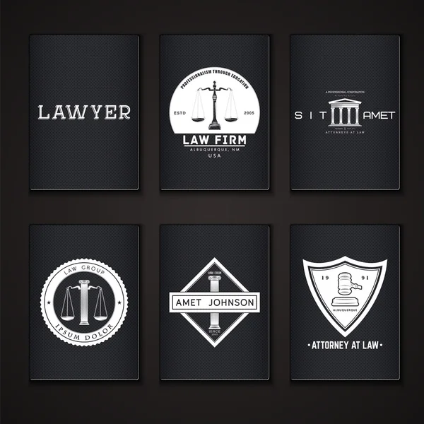 Lawyer services. Law office. The judge, the district attorney, the lawyer set of vintage labels. Scales of Justice. Court of law symbol.  Typographic labels, stickers, logos and badges. — Wektor stockowy