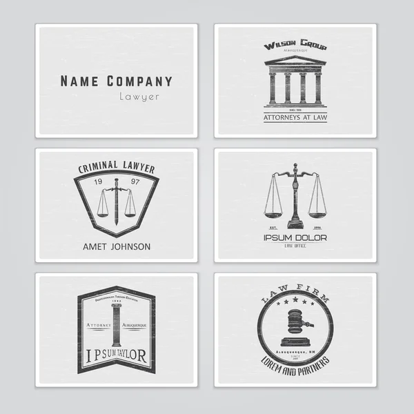 Lawyer services. Law office. The judge, the district attorney, the lawyer set of vintage labels. Scales of Justice. Court of law symbol.  Typographic labels, stickers, logos and badges. — Stockový vektor