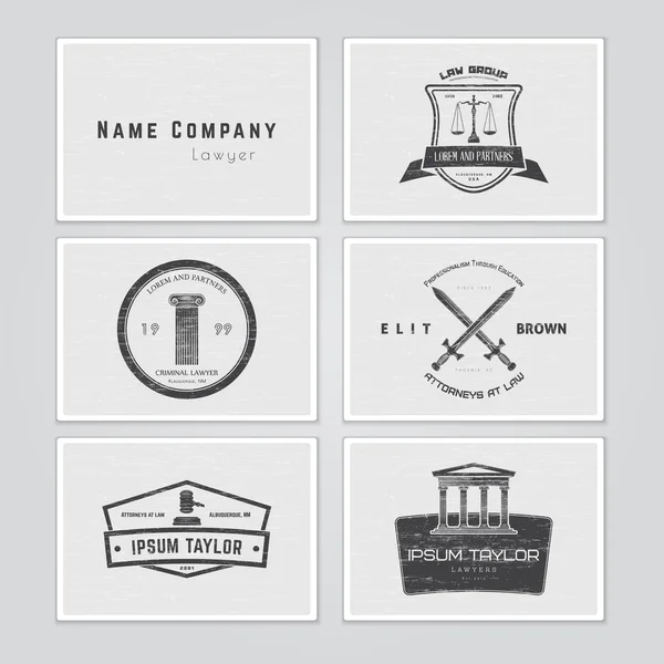 Lawyer services. Law office. The judge, the district attorney, the lawyer set of vintage labels. Scales of Justice. Court of law symbol.  Typographic labels, stickers, logos and badges. — Stockový vektor