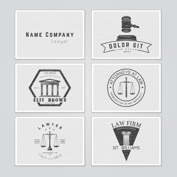Lawyer services. Law office. The judge, the district attorney, the lawyer set of vintage labels. Scales of Justice. Court of law symbol.  Typographic labels, stickers, logos and badges.