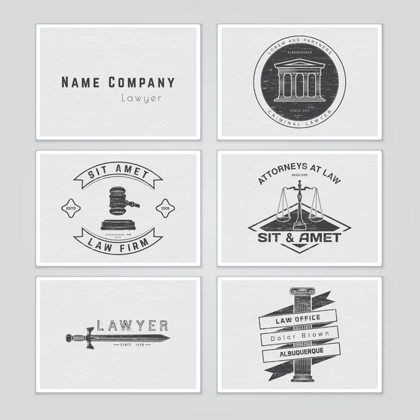 Lawyer services. Law office. The judge, the district attorney, the lawyer set of vintage labels. Scales of Justice. Court of law symbol.  Typographic labels, stickers, logos and badges. — Stockový vektor