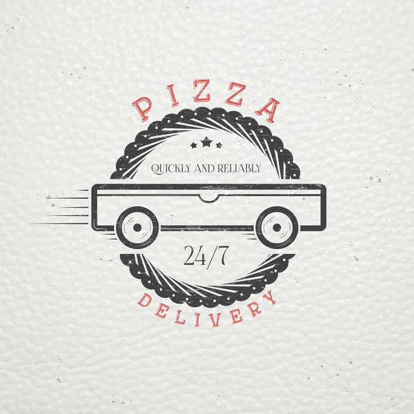 Entrega de pizza. La comida y el servicio. Antigua escuela de etiqueta vintage. Viejo grunge retro vintage. Rasguñado, dañado, efecto sucio. Etiquetas tipográficas, pegatinas, logotipos e insignias . — Vector de stock