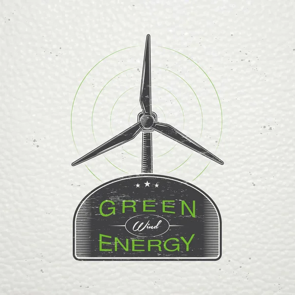 Ветряные мельницы для энергии. Устойчивый экологический электрический генератор энергии ветра природного источника энергии. Старый ретро-винтажный гранж. Типографские этикетки, наклейки, логотипы и значки . — стоковый вектор