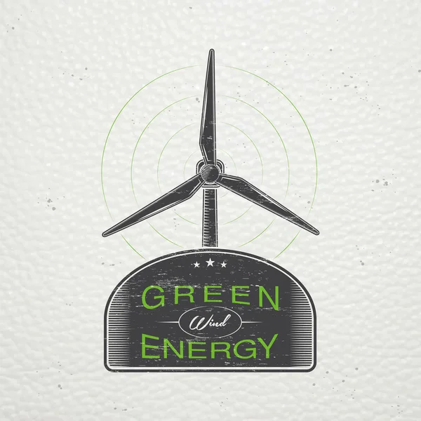 Molinos de viento para energía. Generador de energía eléctrica ecológica sostenible alimentado por la fuente de energía natural eólica. Viejo grunge retro vintage. Etiquetas tipográficas, pegatinas, logotipos e insignias . — Vector de stock