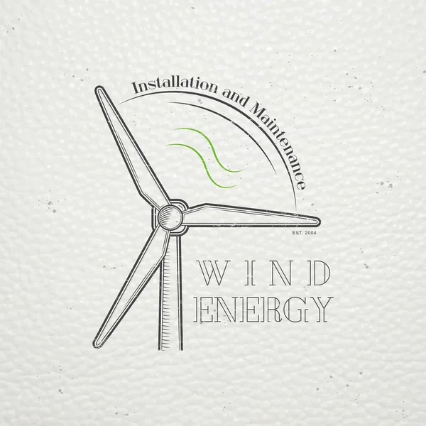 Molinos de viento para energía. Generador de energía eléctrica ecológica sostenible alimentado por la fuente de energía natural eólica. Viejo grunge retro vintage. Etiquetas tipográficas, pegatinas, logotipos e insignias . — Vector de stock