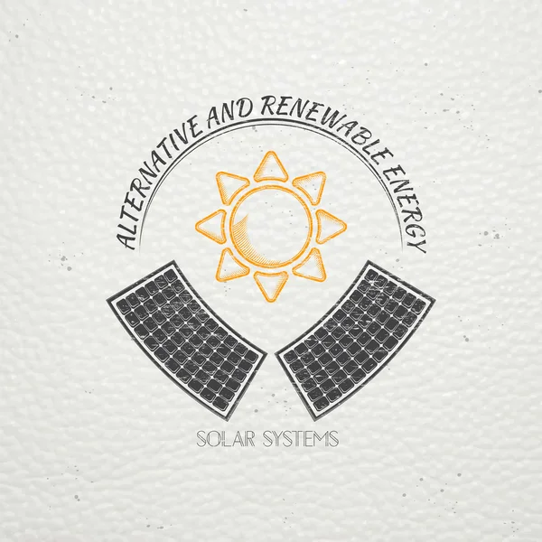 Solar panels for energy. Sustainable ecological solar energy generator powered by natural energy source. Old school of vintage label. Typographic labels, stickers, logos and badges. — Διανυσματικό Αρχείο