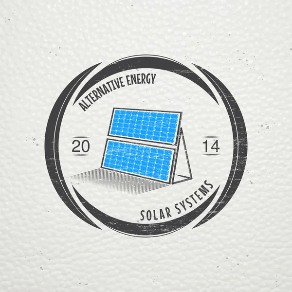 Paneles solares para energía. Generador ecológico sostenible de energía solar alimentado por una fuente de energía natural. Antigua escuela de etiqueta vintage. Etiquetas tipográficas, pegatinas, logotipos e insignias . — Vector de stock