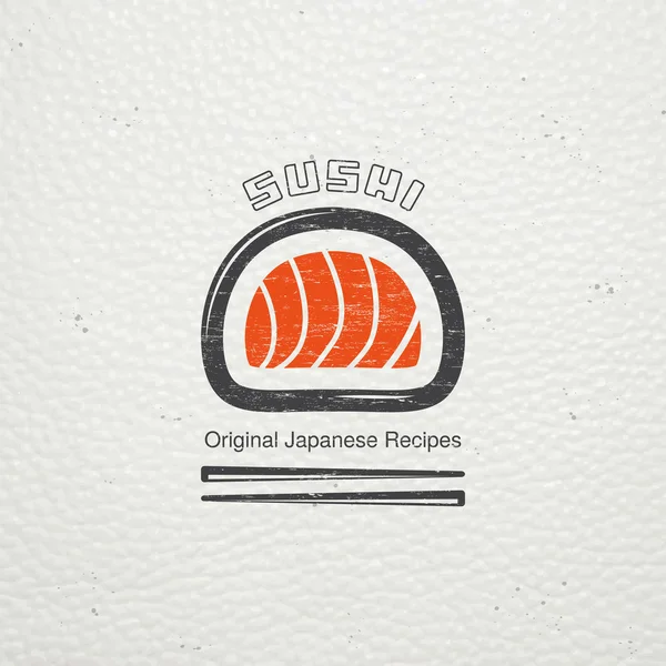 Sushi y rollos de un conjunto. Cocina japonesa. Servicio de comida. Viejo grunge retro vintage. Rasguñado, dañado, efecto sucio. Etiquetas tipográficas, pegatinas, logotipos e insignias . — Archivo Imágenes Vectoriales