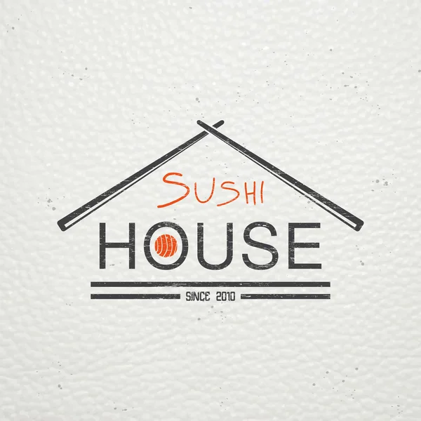 Sushi and rolls a set. Japanese kitchen. Food service. Old retro vintage grunge. Scratched, damaged, dirty effect. Typographic labels, stickers, logos and badges. — Stockvector