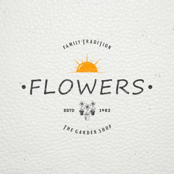 A farm growing flowers. Gardening Tools Shop. Garden Center set. Old retro vintage grunge. Scratched, damaged, dirty effect. Typographic labels, stickers, logos and badges. — 스톡 벡터