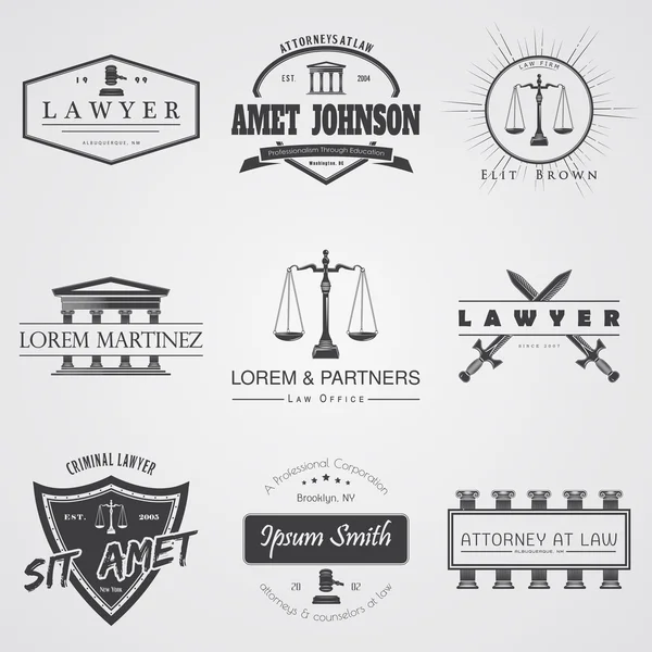 Lawyer services. Law office. The judge, the district attorney, the lawyer set of vintage labels. Scales of Justice. Court of law symbol.  Typographic labels, stickers, logos and badges. — Wektor stockowy