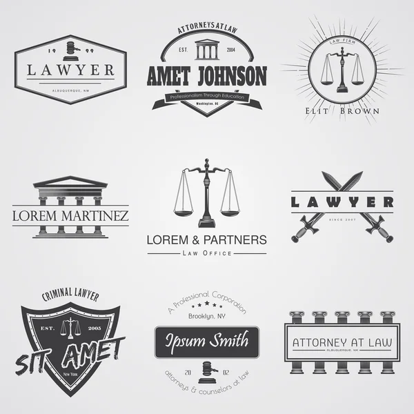 Lawyer services. Law office. The judge, the district attorney, the lawyer set of vintage labels. Scales of Justice. Court of law symbol.  Typographic labels, stickers, logos and badges. — Stock Vector