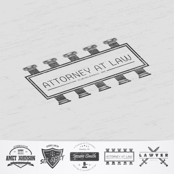 Lawyer services. Law office. The judge, the district attorney, the lawyer of vintage labels. Old retro vintage grunge. Typographic labels, stickers, logos and badges.