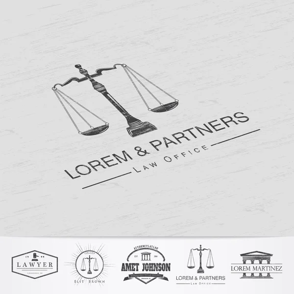 Lawyer services. Law office. The judge, the district attorney, the lawyer of vintage labels. Old retro vintage grunge. Typographic labels, stickers, logos and badges. — Stock Vector