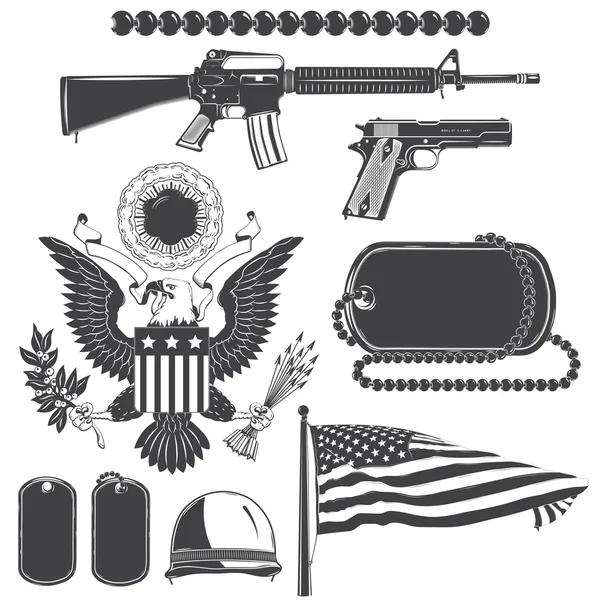 American patriotic elements set. Weapons, armor, flag, seal. Typographic labels,stickers, logos and badges. — Stock Vector