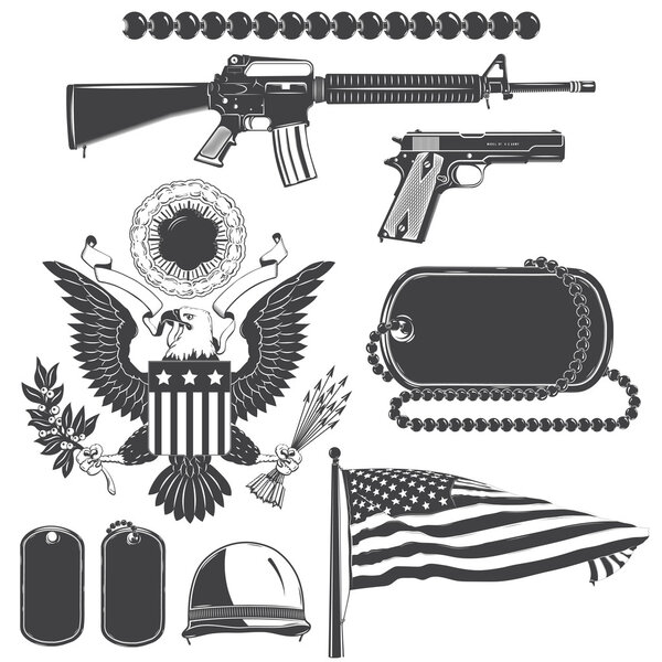Американские патриотические элементы установлены. Оружие, доспехи, флаг, печать. Типографские этикетки, наклейки, логотипы и значки
.