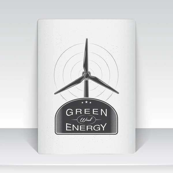 Windmills for energy. Sustainable ecological electrical power generator powered by wind natural energy source. Old school of vintage label. Sheet of white paper. Monochrome typographic labels, sticker — Διανυσματικό Αρχείο