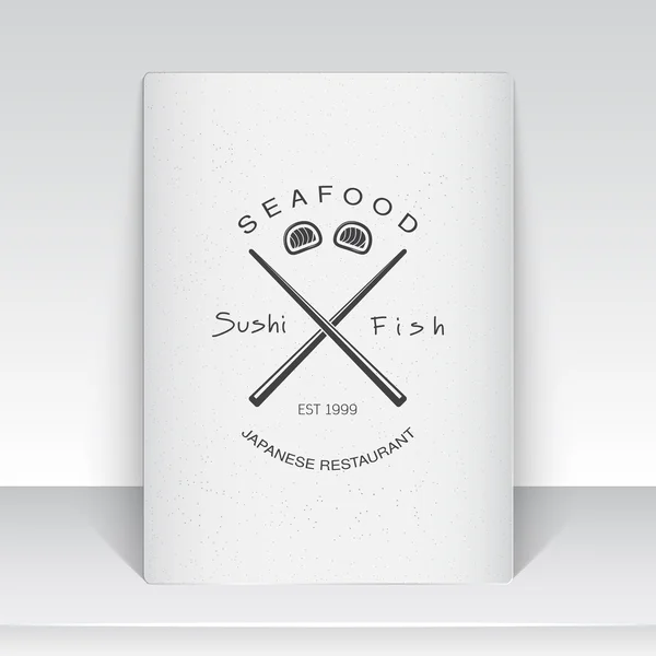 Sushi and rolls a set. Japanese kitchen. Food and service. Old school of vintage label. Sheet of white paper. Monochrome typographic labels, stickers, logos and badges. — 스톡 벡터