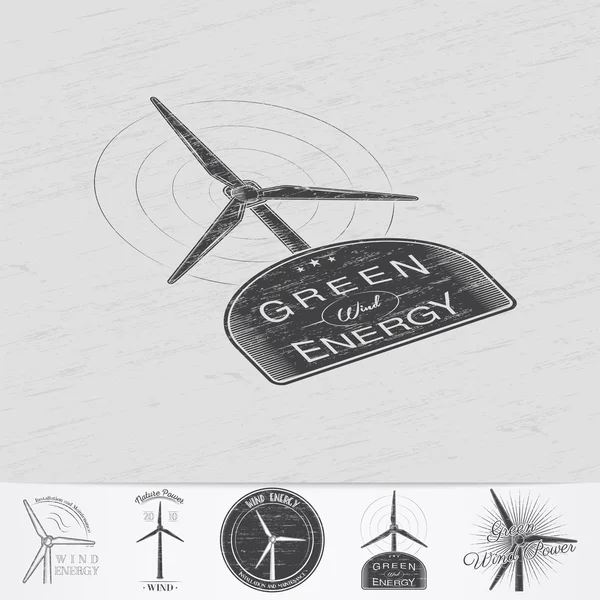 Windmills for energy. Sustainable ecological electrical power generator powered by wind natural energy source. Old retro vintage grunge. — Stockový vektor