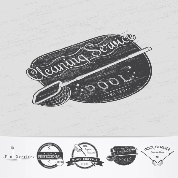 Pool Service. Maintenance and Cleaning. Repair and adjustment of the house. Old retro vintage grunge. Monochrome typographic labels, stickers, logos and badges. — Stock Vector