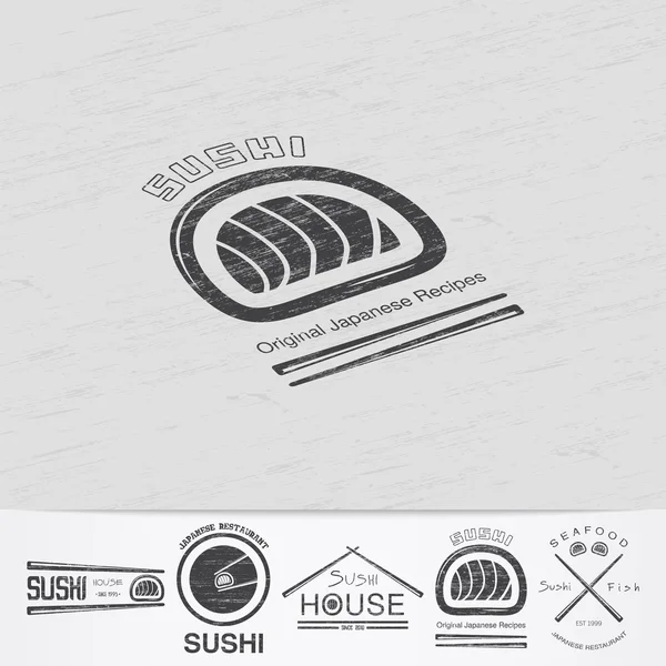 Sushi and rolls a set. Japanese kitchen. Food and service. Old retro vintage grunge. Scratched, damaged, dirty effect. Monochrome typographic labels, stickers, logos and badges. — Stockový vektor