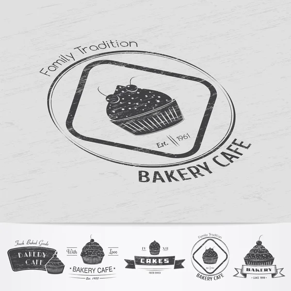 Sweet Cupcakes. Bakery baking. Cafes and eateries. The food and service. Old retro vintage grunge. Scratched, damaged, dirty effect. Monochrome typographic labels, stickers, logos and badges. — Stock Vector