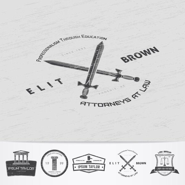 Lawyer services. Law office. The judge, the district attorney, the lawyer of vintage labels. Scales of Justice. Old retro vintage grunge. Typographic labels, stickers, logos and badges.